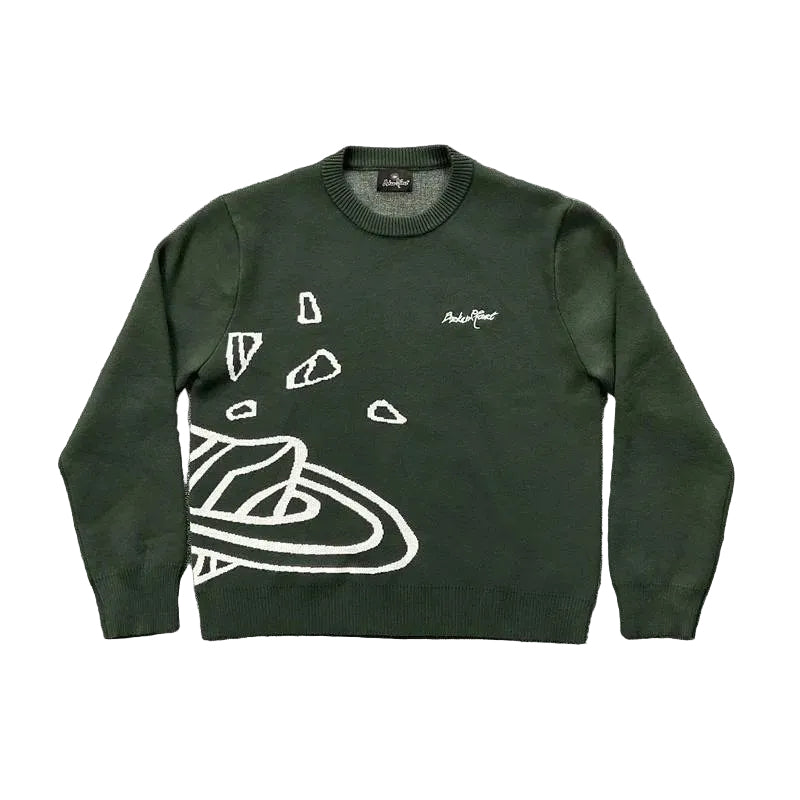 Green broken planet sweater with white graphic design on a white background