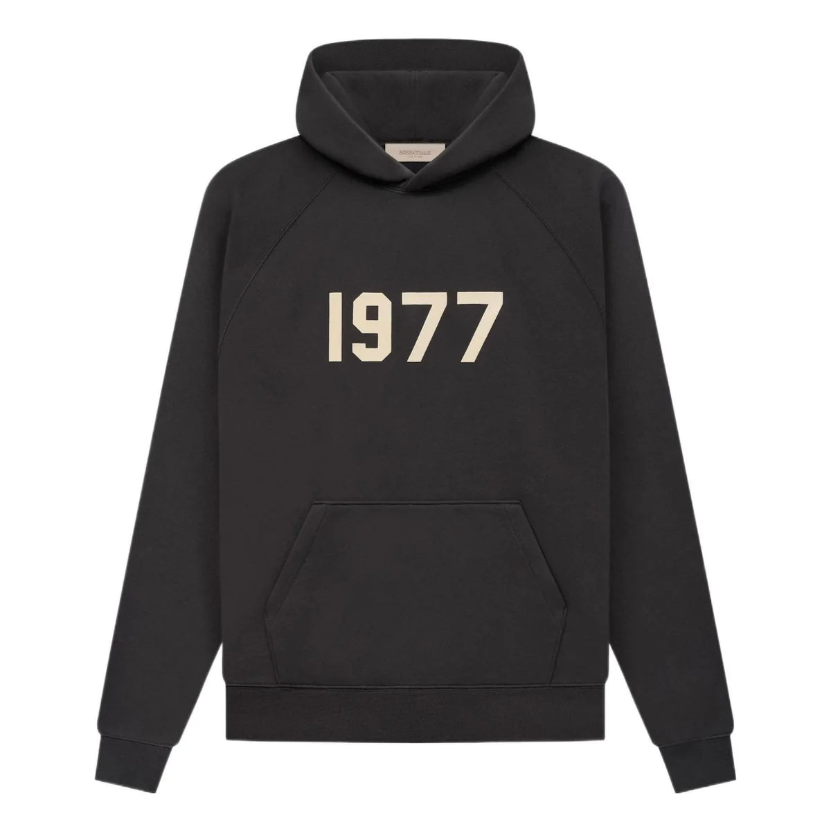 Black essentials hoodie with '1977' printed on the front against a white background