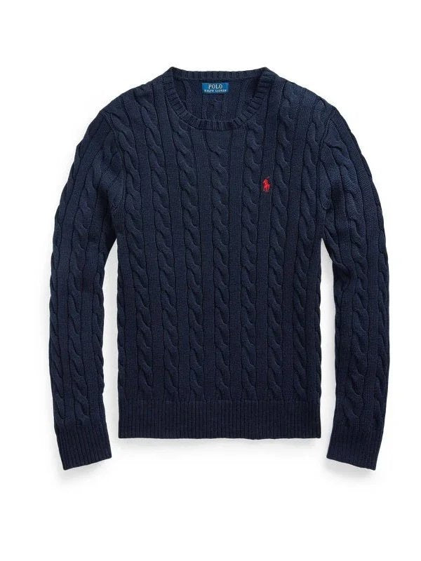 A navy blue Ralph Lauren polo long-sleeve cable-knit sweater with a small embroidered red Polo horse logo on the left chest, displayed on a clean white background.