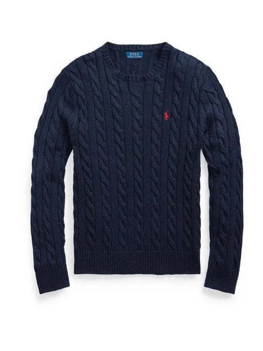 A navy blue Ralph Lauren polo long-sleeve cable-knit sweater with a small embroidered red Polo horse logo on the left chest, displayed on a clean white background.