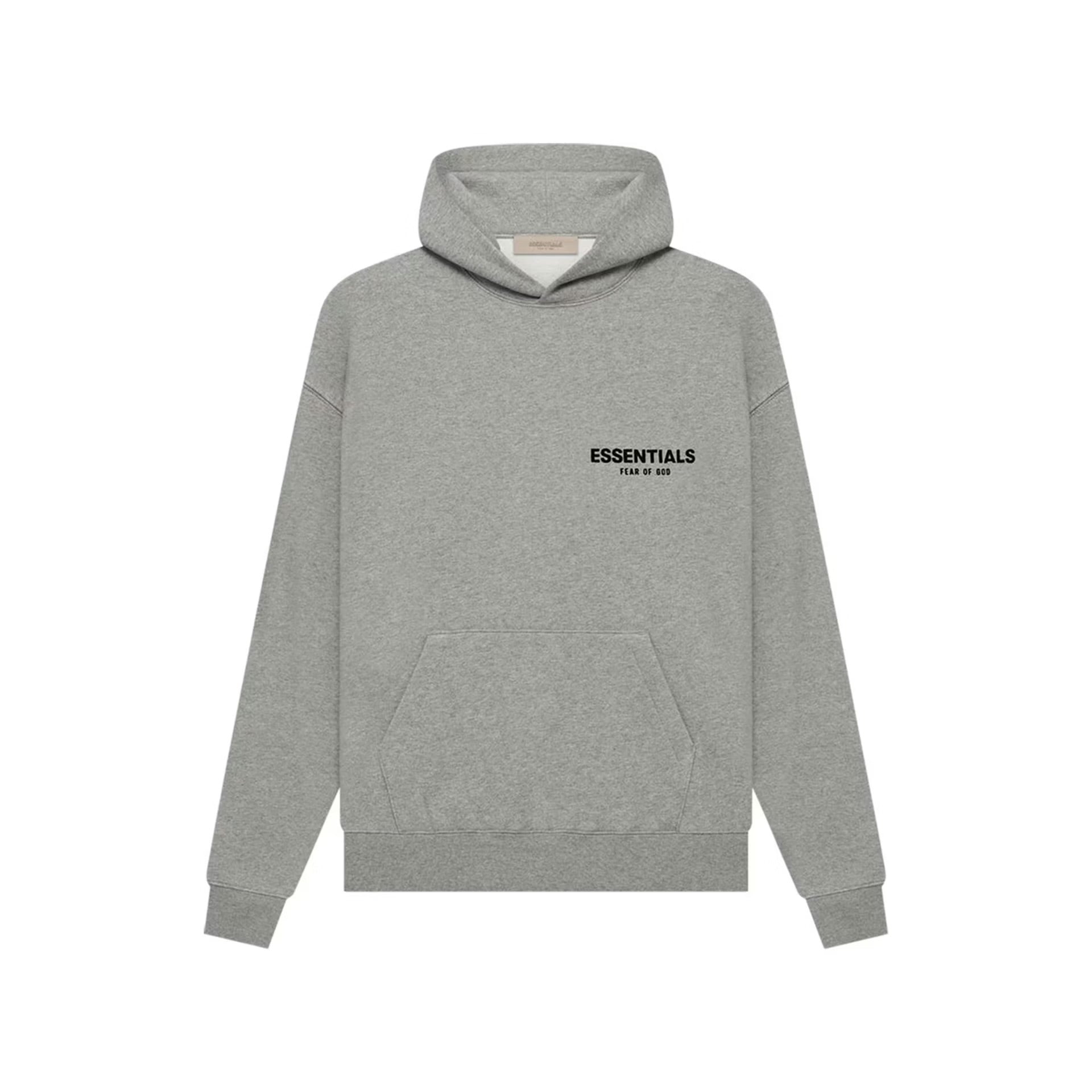 Gray essentials fear of god hoodie with 'ESSENTIALS' text on a white background