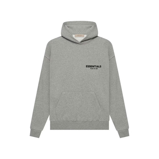 Gray essentials fear of god hoodie with 'ESSENTIALS' text on a white background