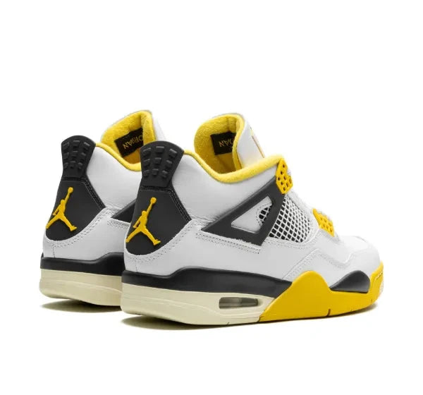 Pair of air Jordan 4 in white, black, and yellow sneakers on a white background