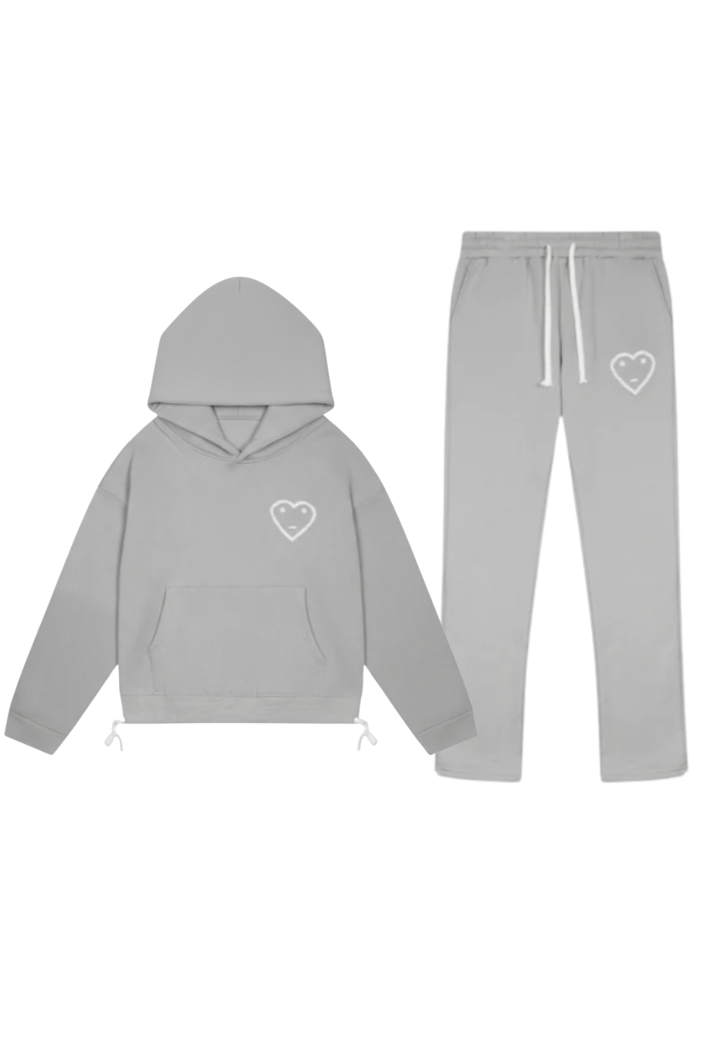 Gray hoodie and pants set with heart designs on a white background