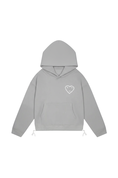 Gray hoodie with a heart logo on a white background