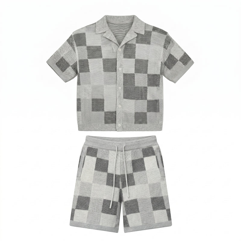 Gray checkered shirt and shorts set on a white background