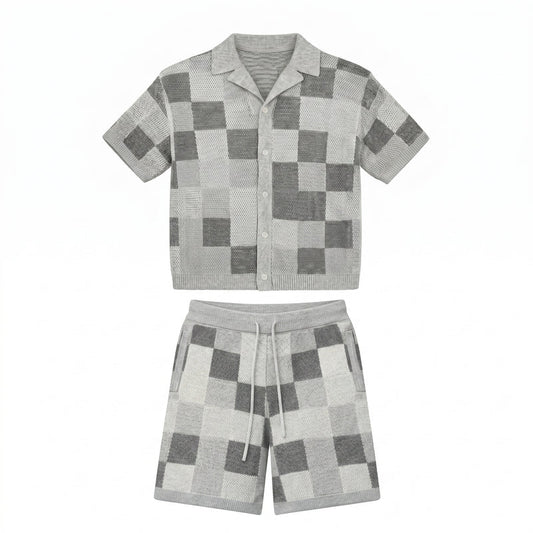 Gray checkered shirt and shorts set on a white background