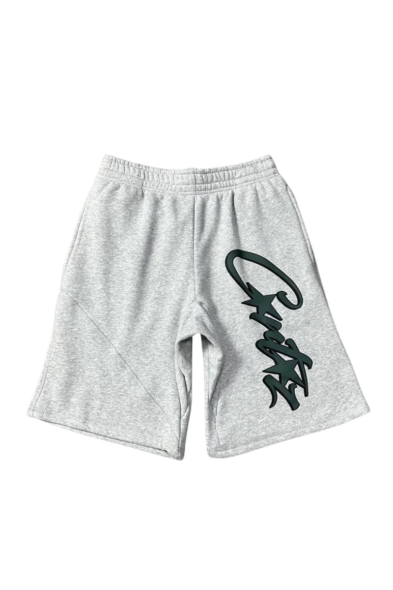 Gray shorts with a black logo on a white background