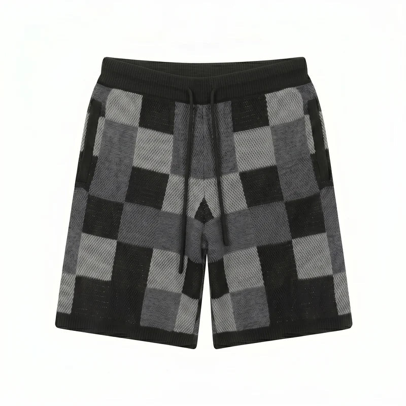 Black Checkered shorts with black and gray pattern on a white background