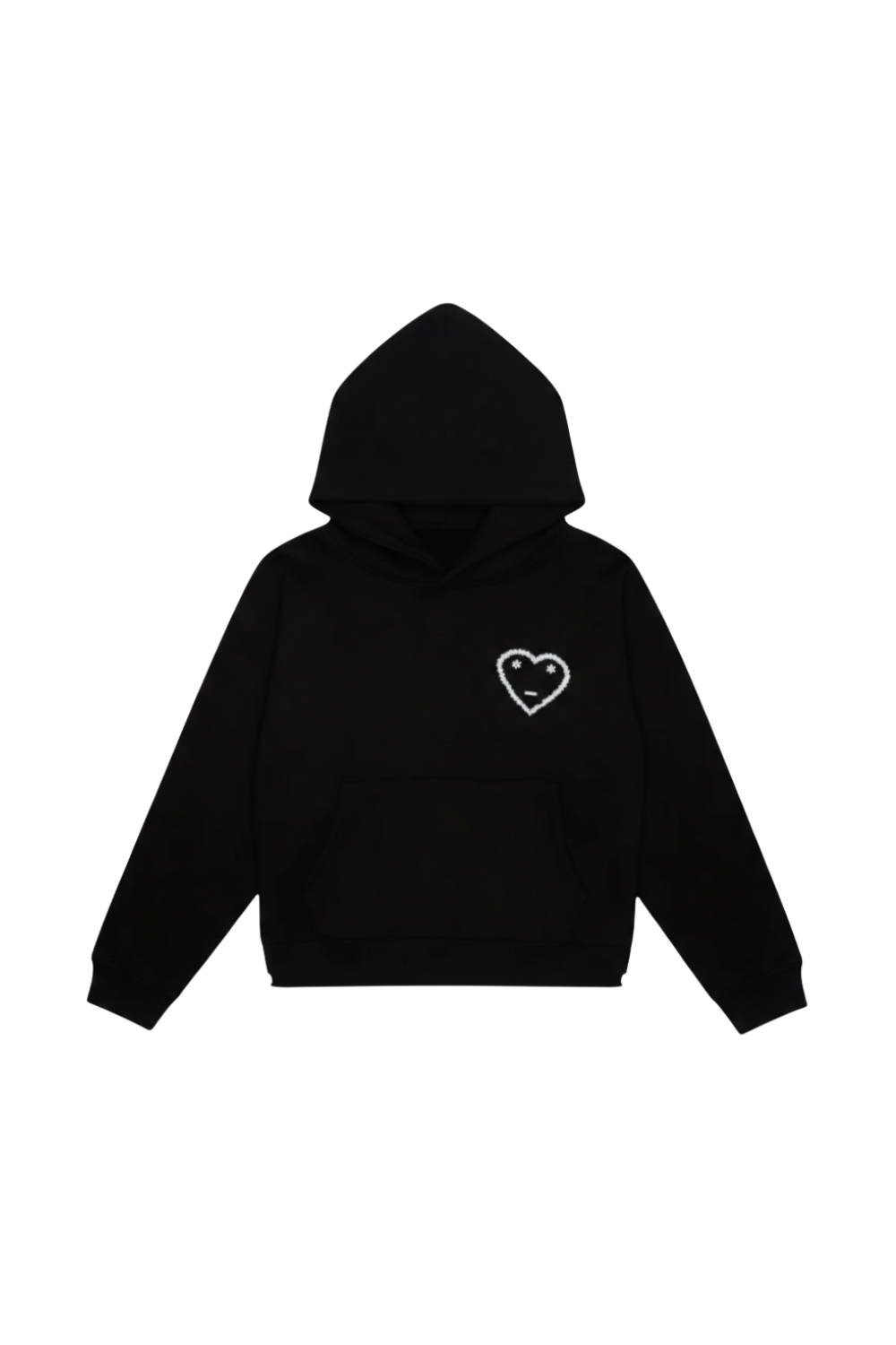 Black hoodie with a white heart logo on a white background