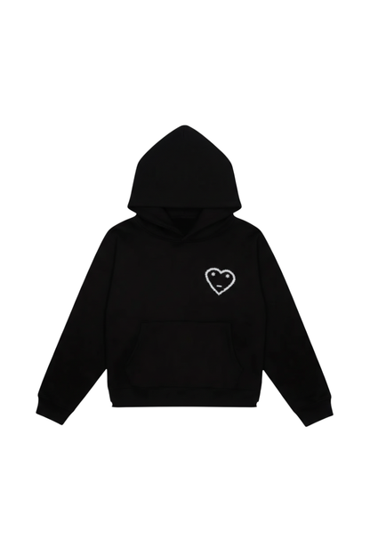 Black hoodie with a white heart logo on a white background