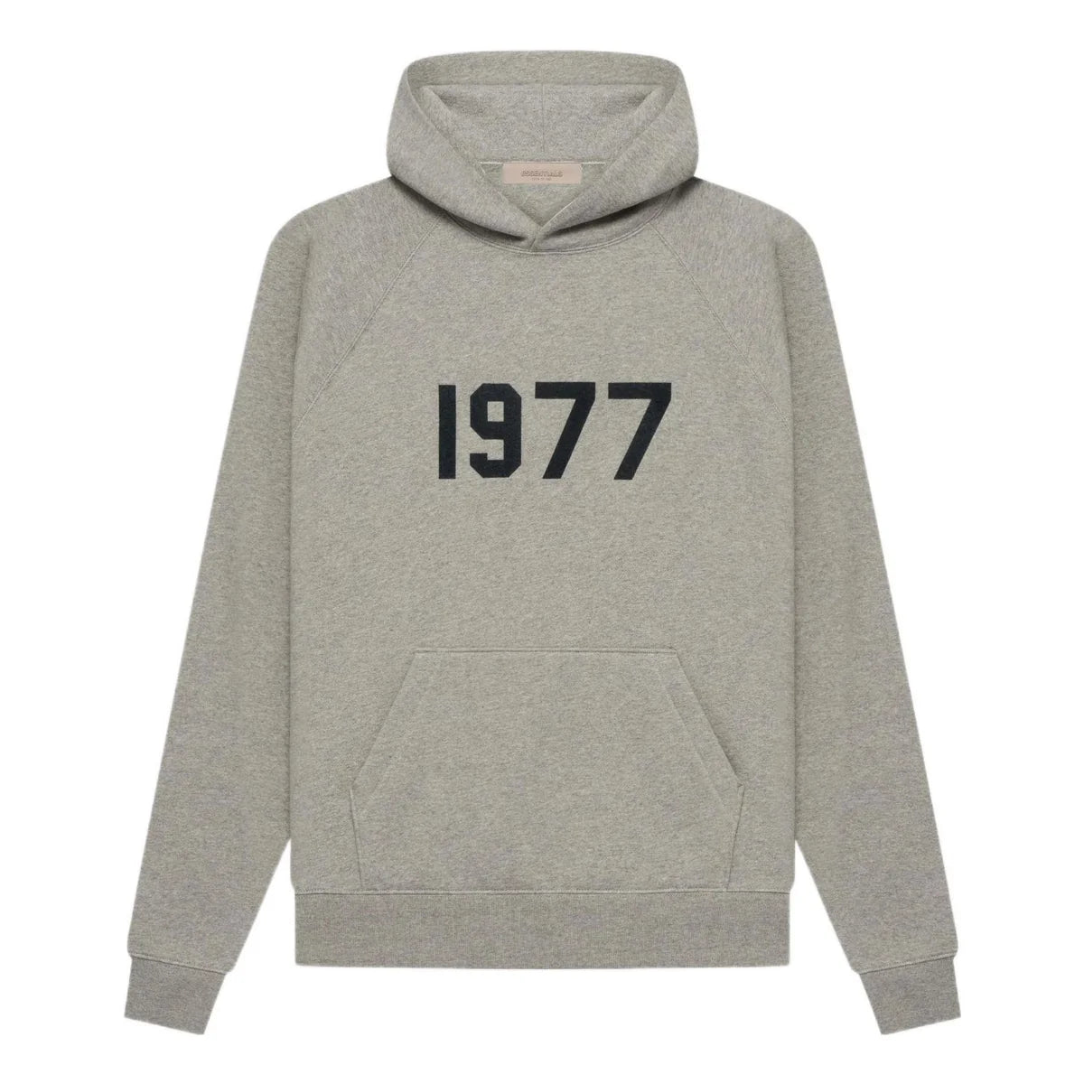 Gray essentials hoodie with '1977' printed on the front against a white background