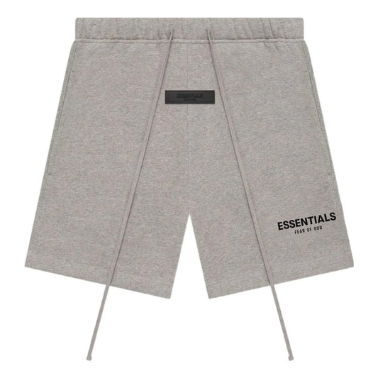Gray essentials fear of god shorts with 'ESSENTIALS' branding on a white background