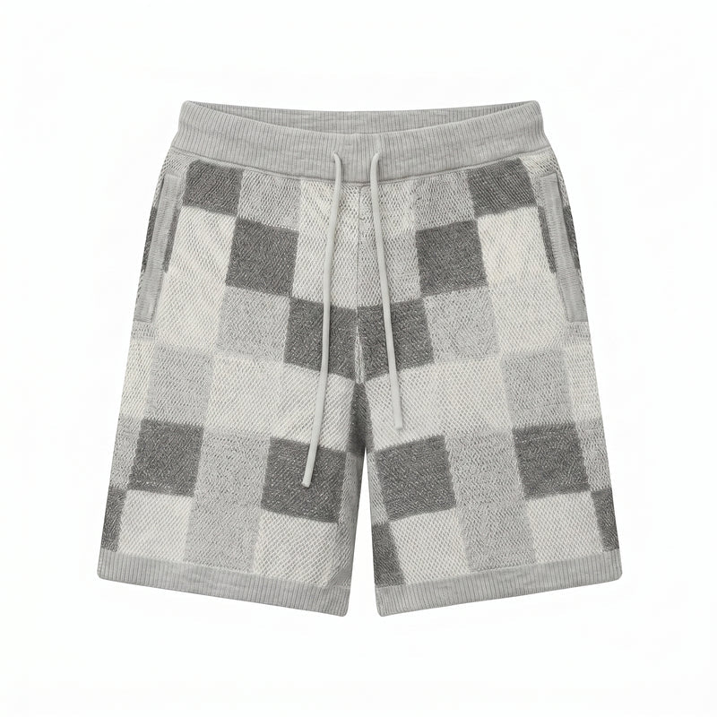 Gray Plaid shorts with a drawstring on a white background