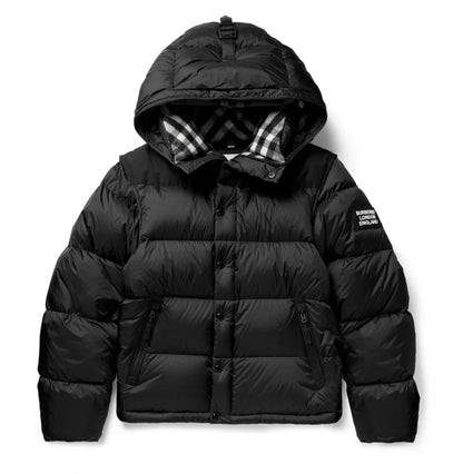 Black Burberry puffer jacket with plaid hood on a white background