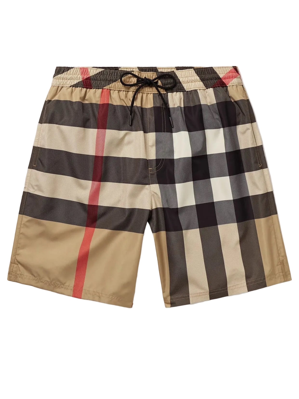 Checkered Burberry shorts with a prominent red stripe on a white background