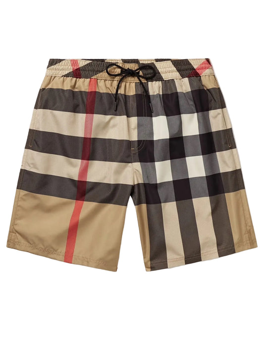 Checkered Burberry shorts with a prominent red stripe on a white background