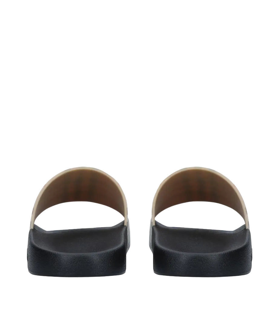 A pair of Burberry checkered slide sandals shown from the back, featuring thick black textured soles and tan straps with a subtle brown pattern, set against a plain white background.