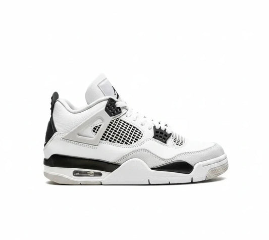 Air Jordan 4 White sneaker with black accents on a white background