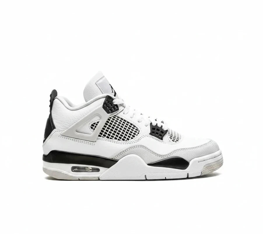 Air Jordan 4 White sneaker with black accents on a white background