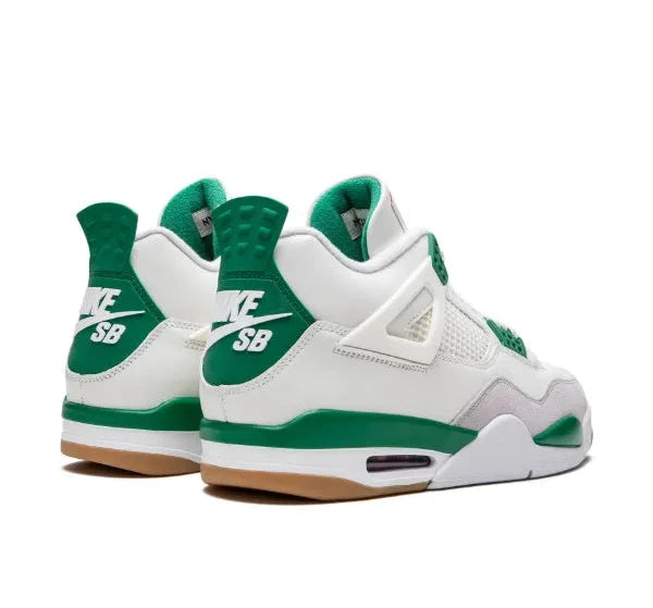 Nike SB Jordan 4 White and green sneakers with 'SB' logo on a white background
