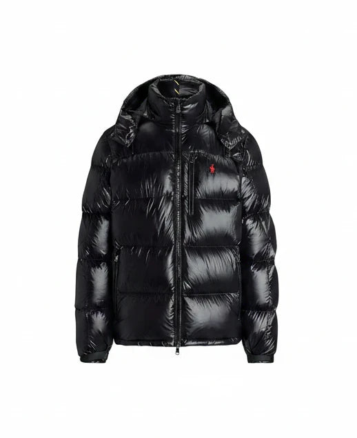 Black glossy Ralph Lauren polo puffer detachable hooded jacket ,with a Ralph Lauren horse brand, 3 front pockets and one inner hidden pocket, adjustable wrist lengths logo on a white background