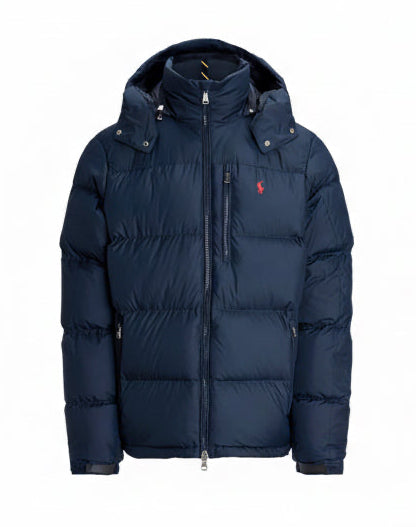 Navy blue Ralph Lauren polo puffer detachable hooded jacket ,with a Ralph Lauren horse brand, 3 front pockets and one inner hidden pocket, adjustable wrist lengths logo on a white background