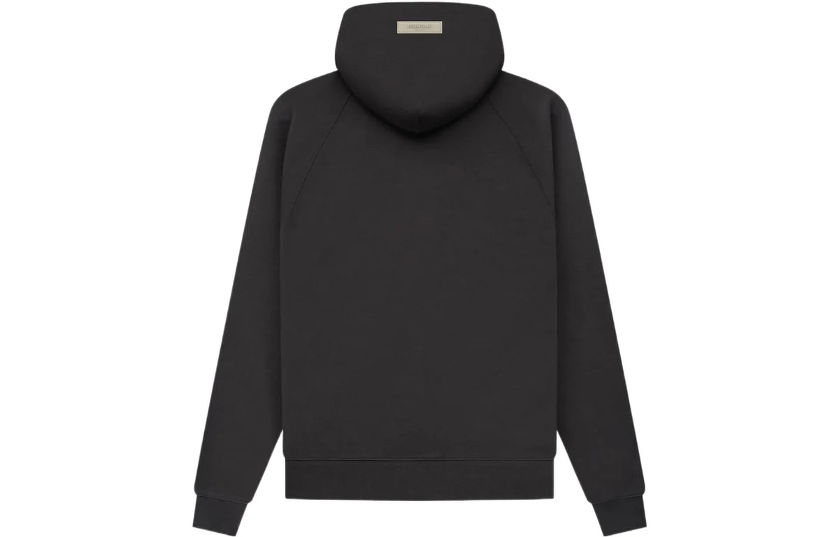 Back of black essentials hoodie with '1977' printed on the front against a white background
