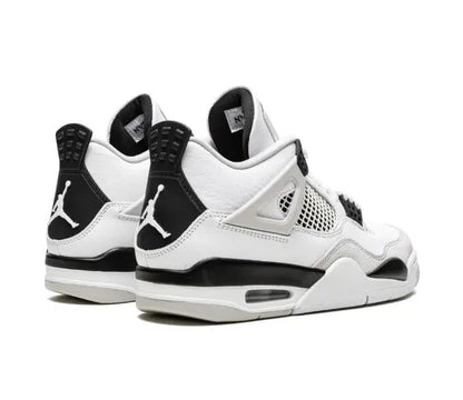 Air Jordan 4 White and black sneakers with a prominent logo on a white background