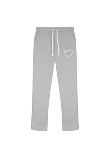 Gray sweatpants with a heart logo on a white background