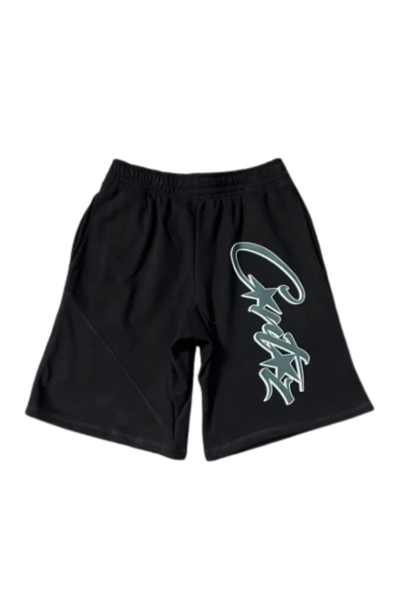 Black shorts with a logo on a white background