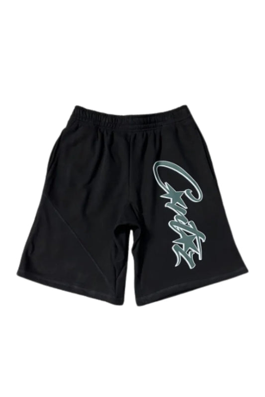 Black shorts with a logo on a white background