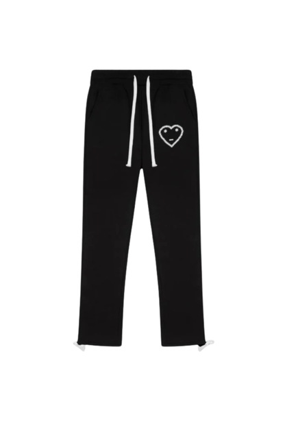 Black sweatpants with a white drawstring and a white heart logo on the left thigh, shown flat against a white background.