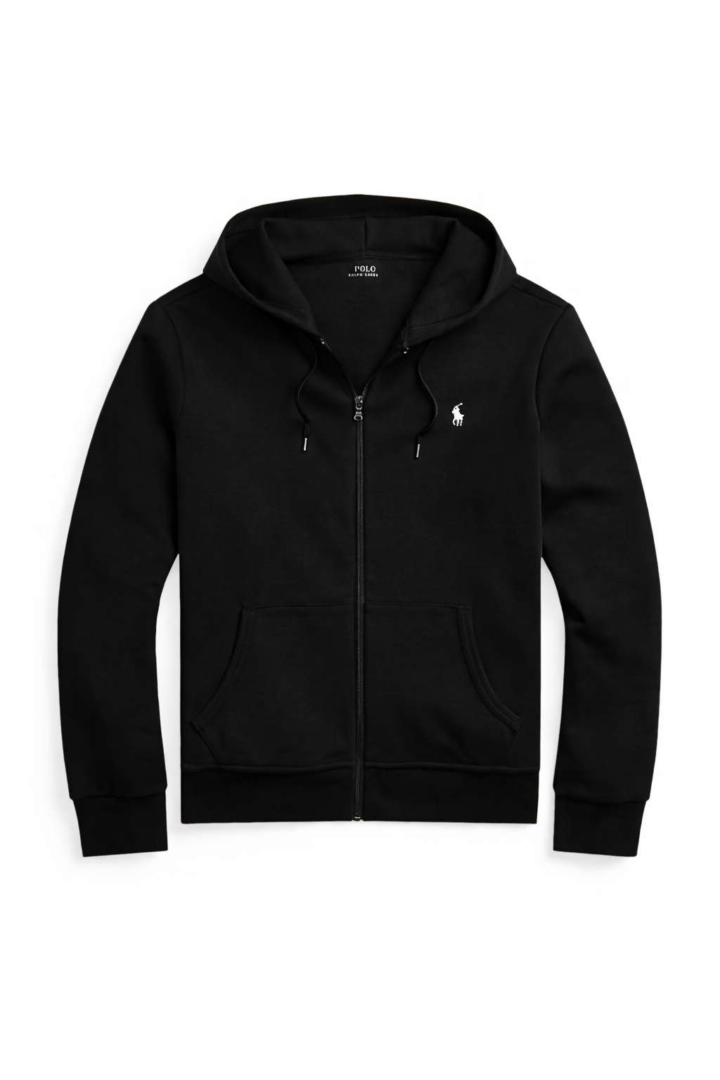 Black Ralph Lauren Polo zip-up hoodie with a brand logo on a white background