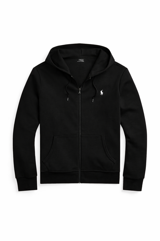 Black Ralph Lauren Polo zip-up hoodie with a brand logo on a white background