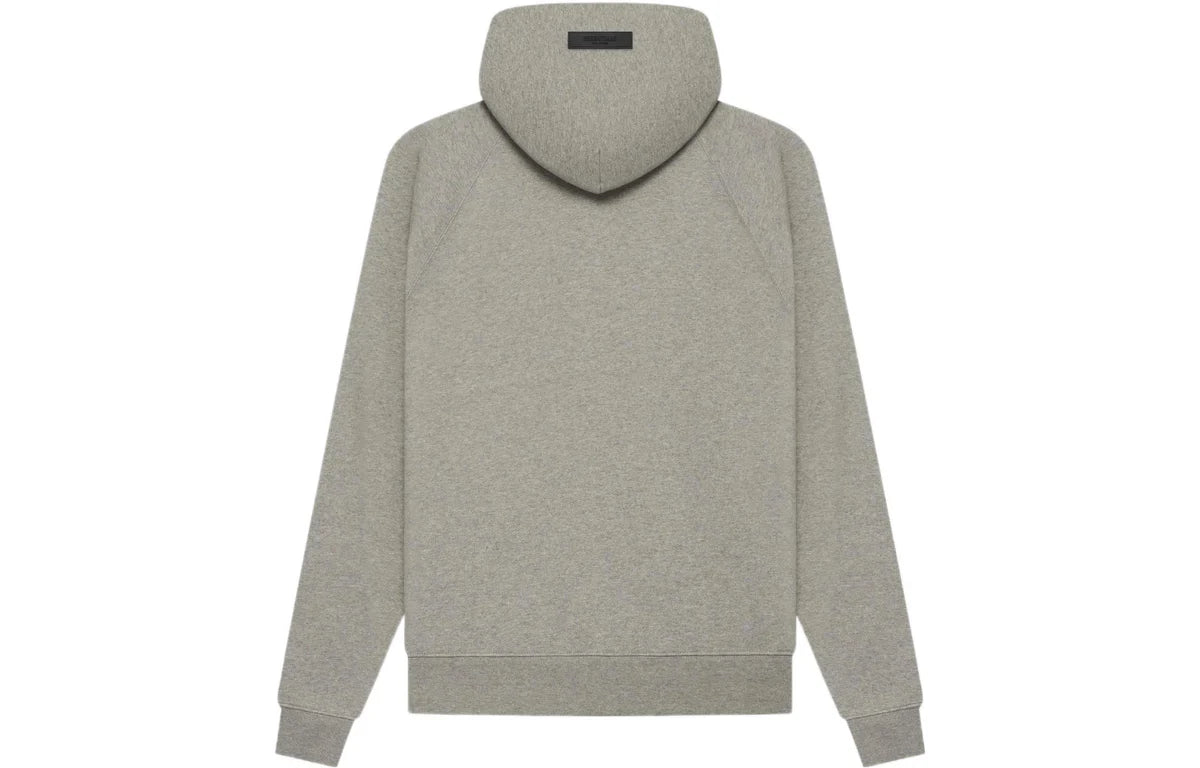 Back of grey essentials hoodie with '1977' printed on the front against a white background