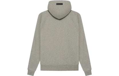 Back of grey essentials hoodie with '1977' printed on the front against a white background