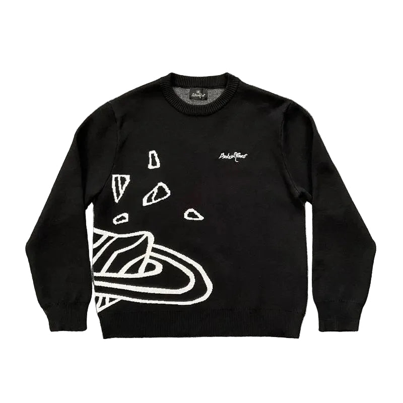 Black Broken Planet sweater with white graphic design on a white background