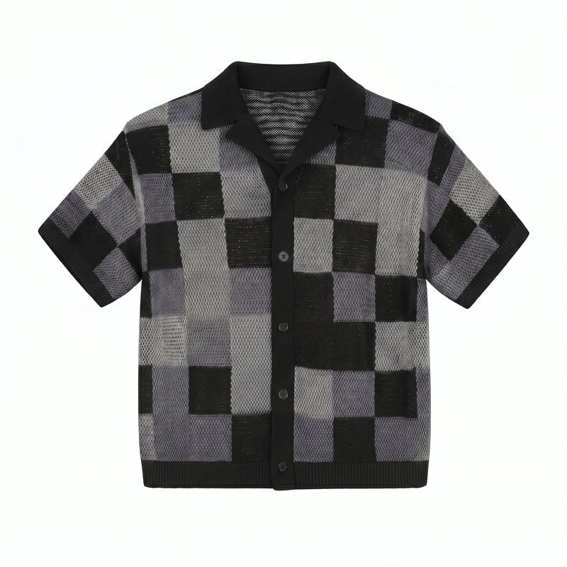 Black Checkered short-sleeve shirt with black and gray pattern on a white background