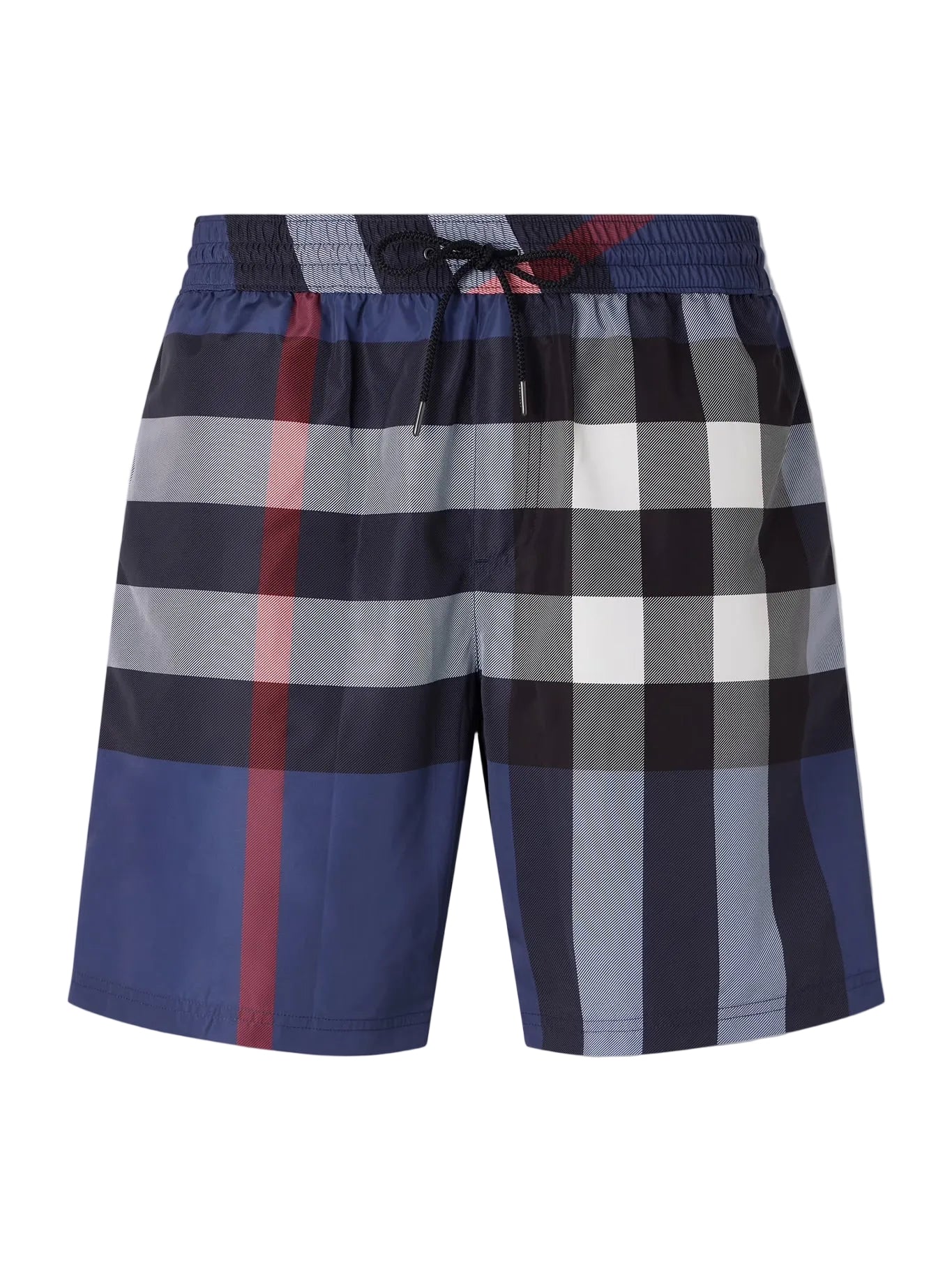 Plaid Burberry shorts with blue, red, gray, and white pattern on a white background