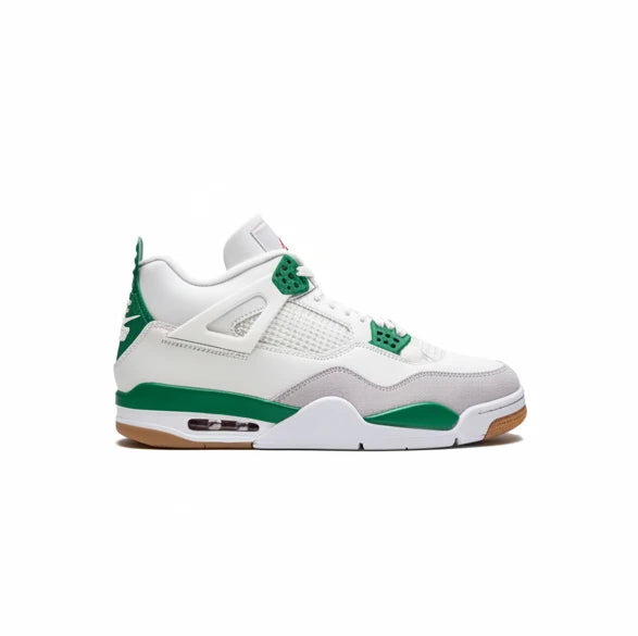 Nike SB Jordan 4 White sneaker with green accents on a white background