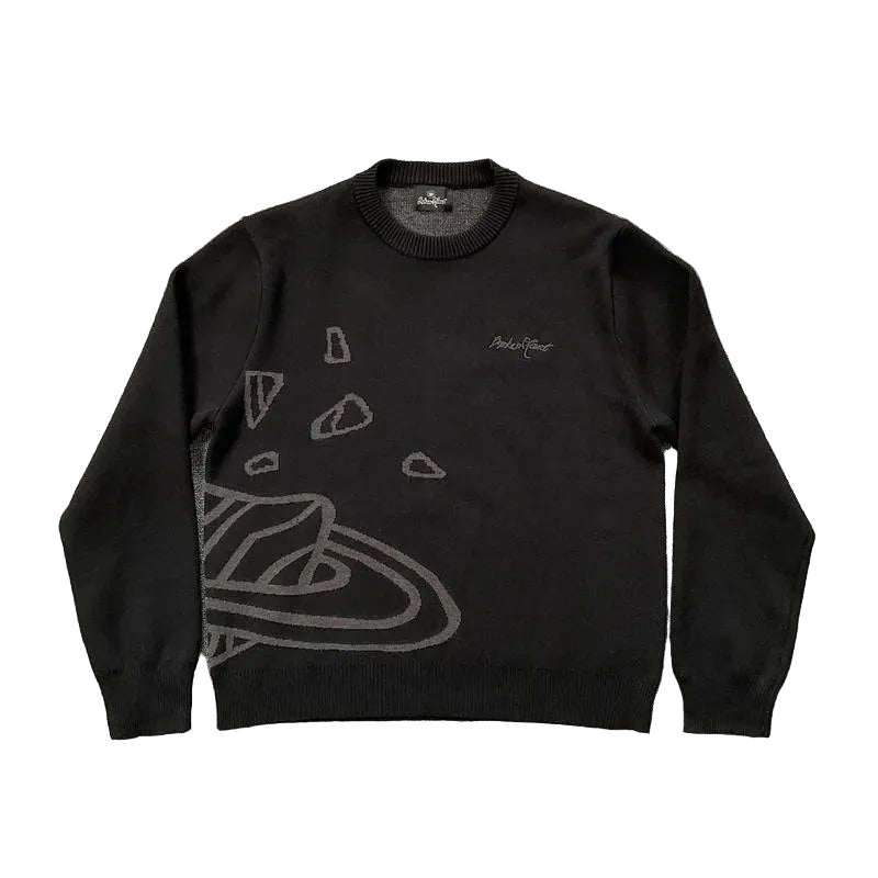 Black broken planet sweater with gray graphic design on a white background