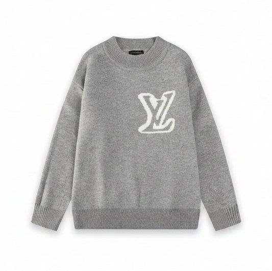 Gray Louis Vuitton knitted sweater with a white ‘LV’ logo on a white background