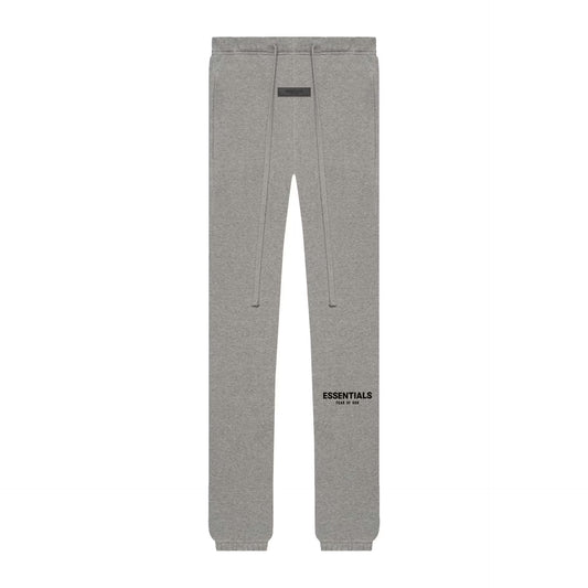Gray essentials fear of god sweatpants with 'ESSENTIALS' logo on a white background