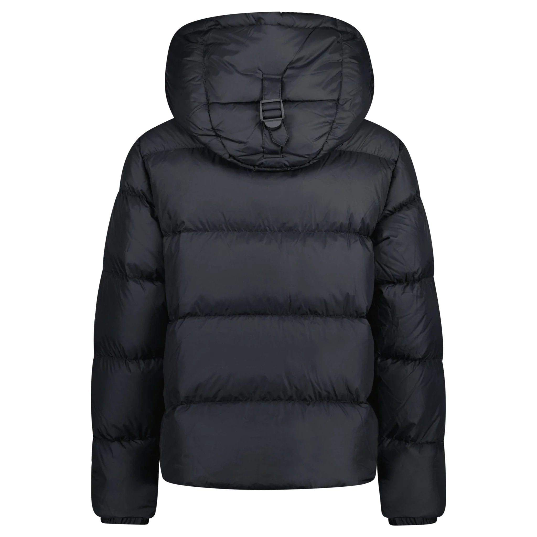 Black Burberry puffer jacket with a hood on a white background, facing backwards