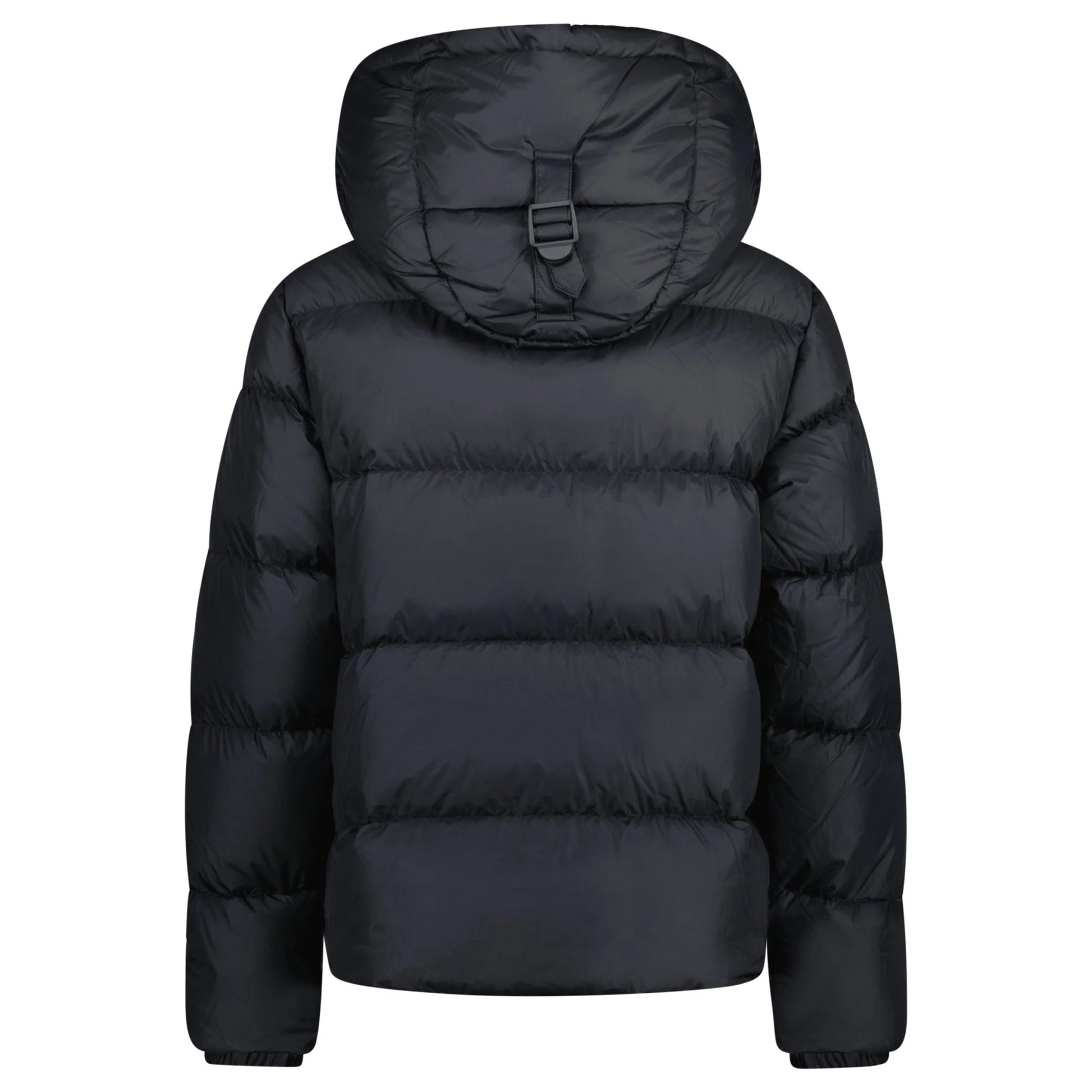 Black Burberry puffer jacket with a hood on a white background, facing backwards