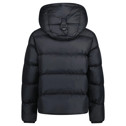 Black Burberry puffer jacket with a hood on a white background, facing backwards