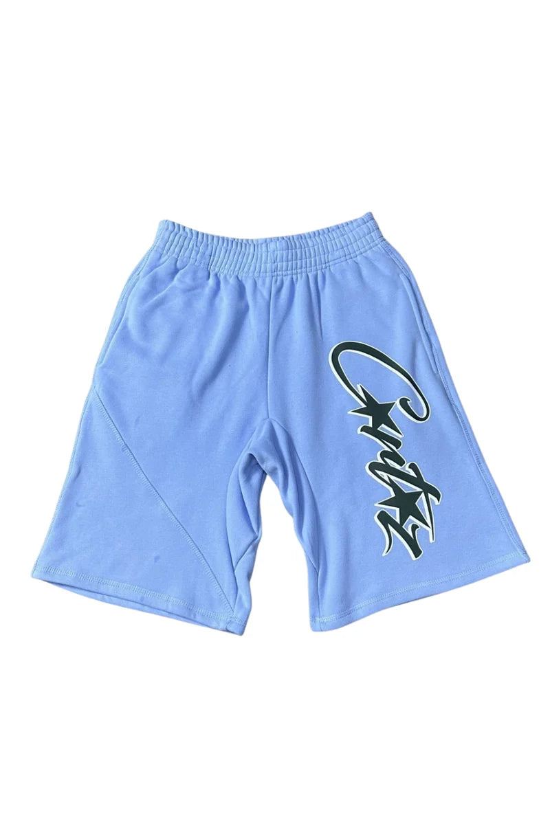 Light blue shorts with a black logo on a white background