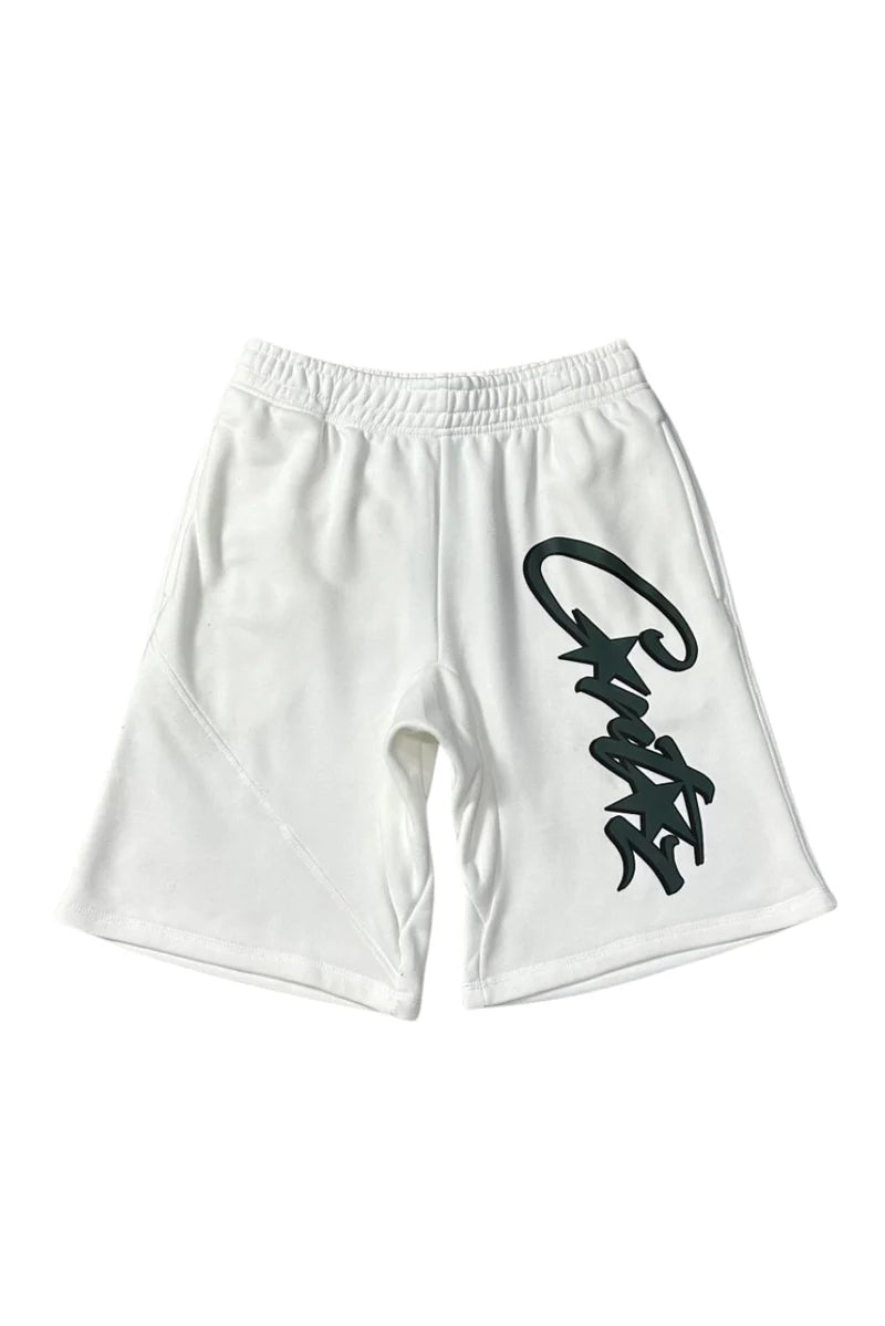 Gray shorts with a brand logo on a white background
