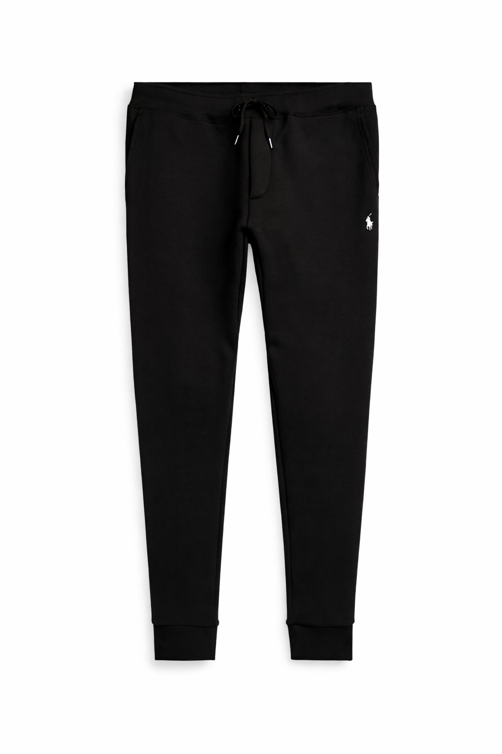 Black Ralph Lauren Polo sweatpants with a brand logo on a white background